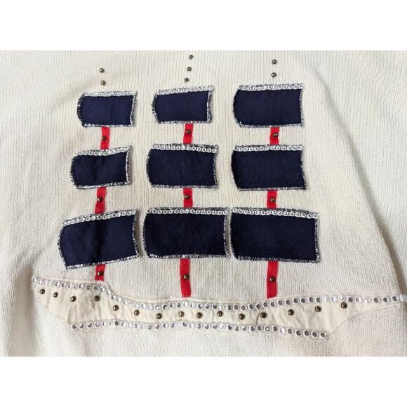 Vintage nautical themed sweater w/sail boat stitch & applique by Eric Steven, L - Picture 9 of 9